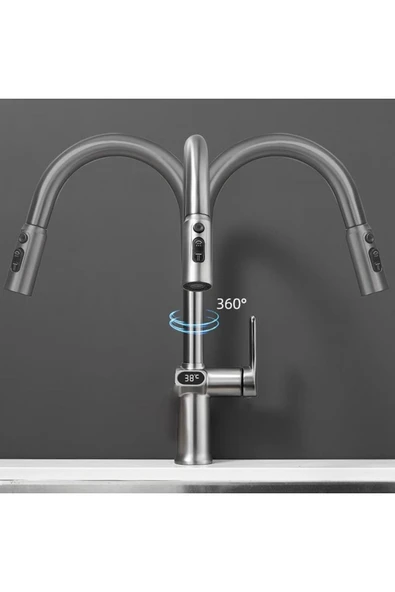 OEM Dijital Mutfak Eviye Bataryası Duş Şelale Antrasit 3 Fonksiyonlu Fiskiyeli Ithal 7 Yıl Garantili - Resim 4