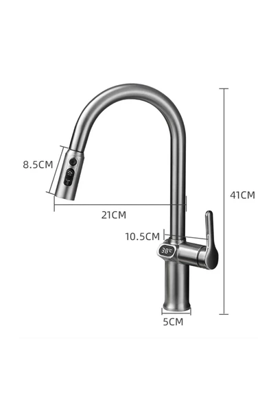 OEM Dijital Mutfak Eviye Bataryası Duş Şelale Mat Siyah 3 Fonksiyonlu Fiskiyeli Ithal 7 Yıl Garantili - Resim 4