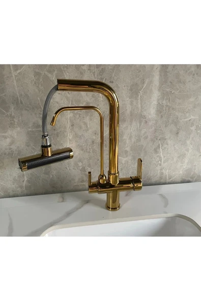 OEM Mutfak Eviye Bataryası Dokunmatik Arıtma Çıkışlı Duş Şelale 3 Fonksiyon Gold Ithal 7 Yıl Garanti - Resim 3