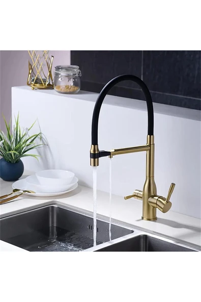 OEM Mutfak Evye Bataryası Dual Flow Su Arıtma Çıkışlı Spiralli Fiskiyeli 7 Yıl Garantili Ithal Mat Gold - Resim 7