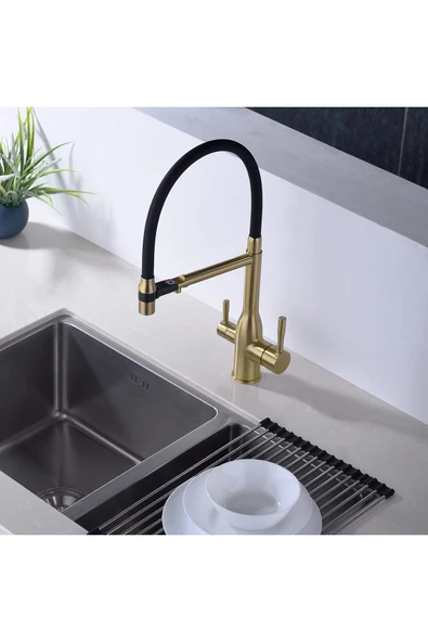 OEM Mutfak Evye Bataryası Dual Flow Su Arıtma Çıkışlı Spiralli Fiskiyeli 7 Yıl Garantili Ithal Mat Gold - Resim 3