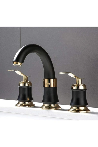 OEM Banyo Lavabo Bataryası Ankastre Siyah Gold Renk 3'Lü Set Yeni 7 Yıl Garantili İthal - 1