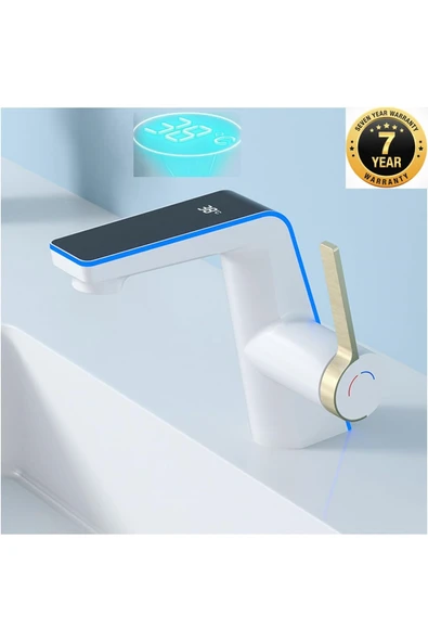 OEM Akıllı Dijital Sıcaklık Led Ekran Banyo Lavabo Bataryası Beyaz Gold 2 Akış Ayarı İthal 7 Yıl Garanti ürün görseli