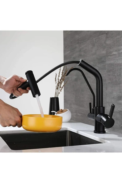 OEM Mutfak Evye Bataryası Dual Flow Su Arıtma Çıkışlı Spiralli 2 Akış Modu 7 Yıl Garanti Ithal Mat Siyah - Resim 2