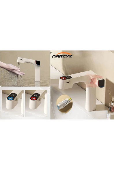 OEM Akıllı Dijital Sıcaklık Led Ekran Banyo Lavabo Bataryası Krem Renk 4 Fonksiyonlu İthal 7 Yıl Garanti - Resim 2