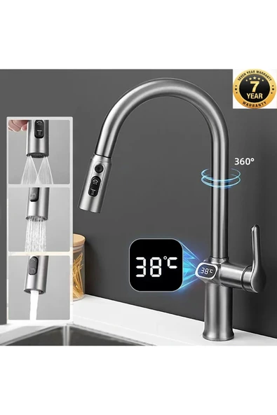 OEM Dijital Mutfak Eviye Bataryası Duş Şelale Antrasit 3 Fonksiyonlu Fiskiyeli Ithal 7 Yıl Garantili ürün görseli