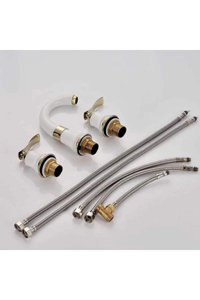 OEM Banyo Lavabo Bataryası Ankastre Beyaz Gold Renk 3'Lü Set Yeni 7 Yıl Garantili İthal - Resim 5