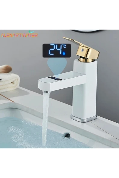OEM Akıllı Dijital Sıcaklık Led Ekran Banyo Lavabo Bataryası Beyaz Gold İthal 7 Yıl Garantili - 1