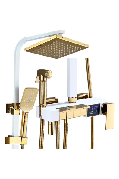 OEM Dijital Sıcaklık Led Ekranlı Banyo Duş Seti Piyano Tuşlu Yeni Beyaz Gold 7 Yıl Garantili İthal - Resim 2