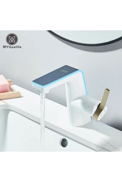 OEM Akıllı Dijital Sıcaklık Led Ekran Banyo Lavabo Bataryası Beyaz Gold 2 Akış Ayarı İthal 7 Yıl Garanti - Resim 7