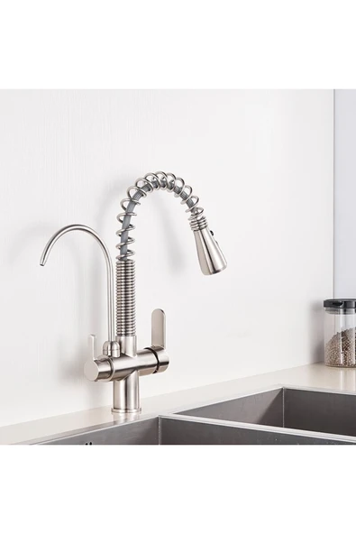 OEM Mutfak Evye Bataryası Dual Flow Su Arıtma Çıkışlı Fiskiyeli Mat Krom Nikel 7 Yıl Garantili Ithal - Resim 5