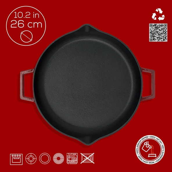 Lava Döküm Yuvarlak Kızartma Tavası Döküm Demir Yekpare Çift Kulplu Çap(Ø)26cm. - Resim 4