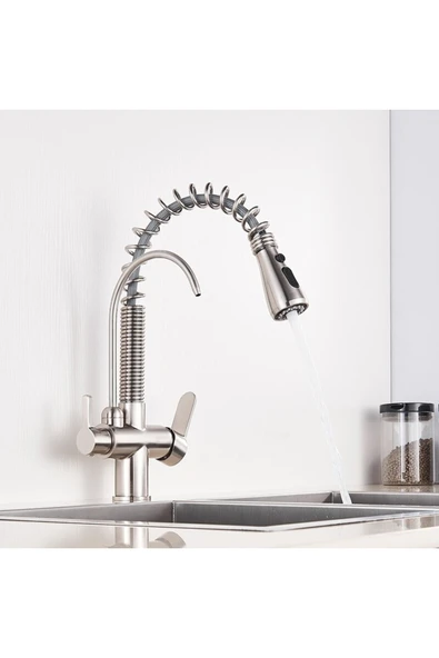 OEM Mutfak Evye Bataryası Dual Flow Su Arıtma Çıkışlı Fiskiyeli Mat Krom Nikel 7 Yıl Garantili Ithal - Resim 6