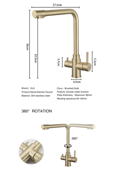 OEM Mutfak Evye Bataryası Dual Flow Arıtma Çıkışlı Mat Gold 10 Yıl Garantili Ithal - Resim 4