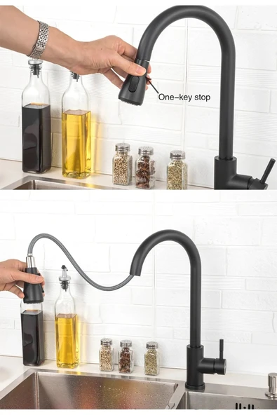 OEM Mutfak Evye Bataryası Dokunmatik Smart 3 Fonksiyonlu Fiskiye Spiralli Mat Siyah 7 Yıl Garanti İthal - Resim 3