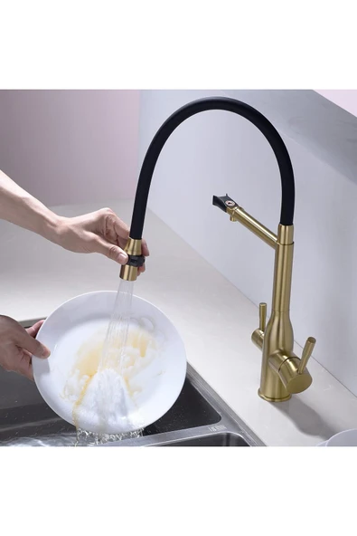 OEM Mutfak Evye Bataryası Dual Flow Su Arıtma Çıkışlı Spiralli Fiskiyeli 7 Yıl Garantili Ithal Mat Gold - Resim 2