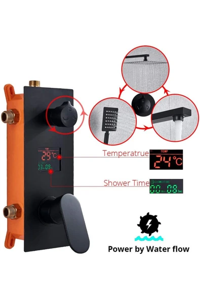 OEM Dijital Sıcaklık Led Ekran Duş Seti Ankastre Mat Siyah 3 Yollu Model Sıva Altı Dahil 7 Yıl Garantili - Resim 2