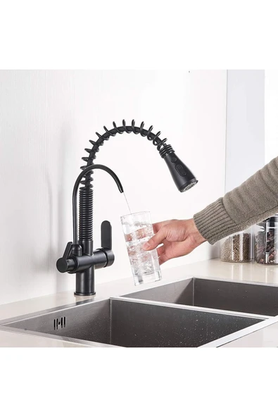 OEM Mutfak Evye Bataryası Dual Flow Su Arıtma Çıkışlı Fiskiyeli Mat Siyah 7 Yıl Garantili Ithal - Resim 6