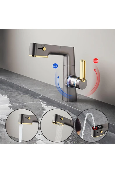 OEM Akıllı Dijital Sıcaklık Led Ekran Banyo Lavabo Bataryası Asansörlü 4 Fonksiyonlu İthal 7 Yıl Garanti - Resim 6