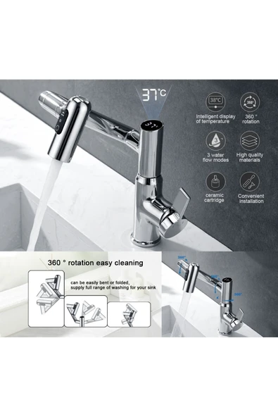 OEM Akıllı Dijital Sıcaklık Led Ekran Banyo Lavabo Bataryası Katlanır İthal Krom 7 Yıl Garantili - Resim 3