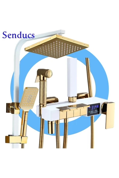OEM Dijital Sıcaklık Led Ekranlı Banyo Duş Seti Piyano Tuşlu Yeni Beyaz Gold 7 Yıl Garantili İthal - Resim 5