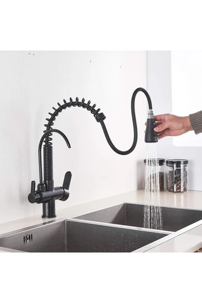 OEM Mutfak Evye Bataryası Dual Flow Su Arıtma Çıkışlı Fiskiyeli Mat Siyah 7 Yıl Garantili Ithal - Resim 5