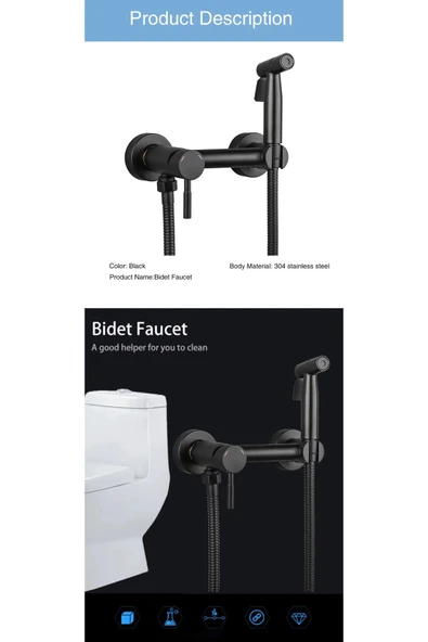 OEM Banyo Tuvalet Bide Basınçlı Püskürtücü Taharet Musluğu Çift Su Girişli Siyah İthal 7 Yıl Garantili - 2