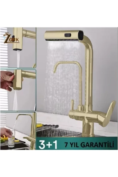 OEM Mutfak Eviye Bataryası Arıtma Çıkışlı Duş Şelale 4 Fonksiyonlu Spiralli İthal 7Yıl Garanti Mat Gold - 1