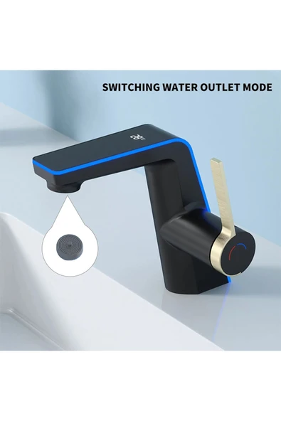 OEM Dijital Sıcaklık Led Ekran Göstergeli Banyo Lavabo Bataryası Siyah Gold Renk İthal 7 Yıl Garanti - Resim 2