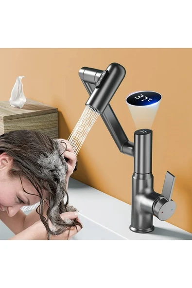 OEM Akıllı Dijital Sıcaklık Led Ekran Banyo Lavabo Bataryası Katlanır İthal Antrasit 7 Yıl Garantili - Resim 5