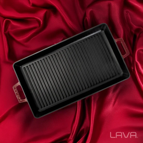 Lava Döküm Dikdörtgen Izgara Tavası Döküm Demir Yekpare Çift Kulplu Ölçü 26x45cm.-Bordo - Resim 7