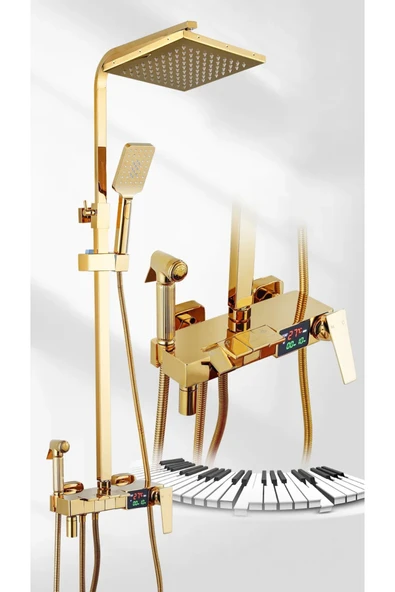 OEM Dijital Sıcaklık Led Ekranlı Banyo Duş Seti Piyano Tuşlu Yeni Tasarım Gold 7 Yıl Garantili İthal ürün görseli