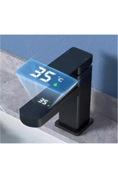 OEM Akıllı Dijital Sıcaklık Led Ekran Banyo Lavabo Bataryası Siyah Gold İthal 7 Yıl Garantili ürün görseli