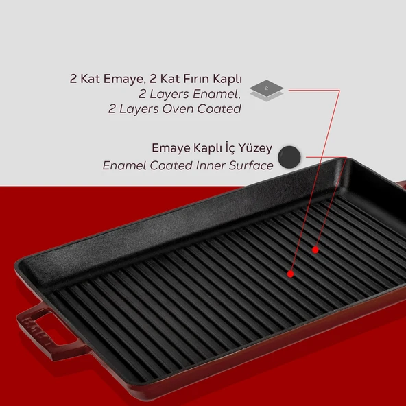 Lava Döküm Dikdörtgen Izgara Tavası Döküm Demir Yekpare Çift Kulplu Ölçü 26x45cm.-Bordo - Resim 6