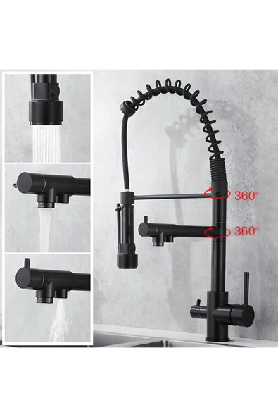OEM Mutfak Evye Bataryası Dual Flow Su Arıtma Çıkışlı Spiralli Ve Fiskiyeli 7 Yıl Garantili Ithal Siyah - Resim 2