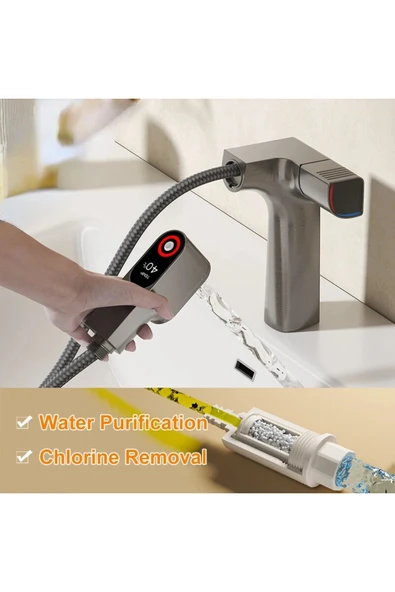 OEM Akıllı Dijital Sıcaklık Led Ekran Banyo Lavabo Bataryası Antrasit 4 Fonksiyonlu İthal 7 Yıl Garanti - Resim 3