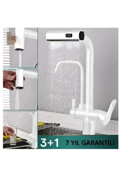 OEM Mutfak Eviye Bataryası Arıtma Çıkışlı Duş Şelale 4 Fonksiyonlu Spiralli İthal 7Yıl Garanti Beyaz ürün görseli