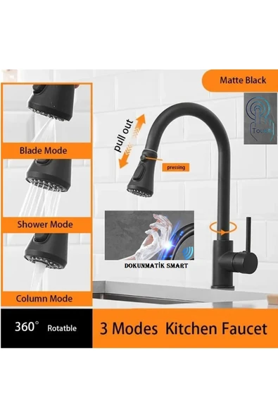 OEM Mutfak Evye Bataryası Dokunmatik Smart 3 Fonksiyonlu Fiskiye Spiralli Mat Siyah 7 Yıl Garanti İthal ürün görseli