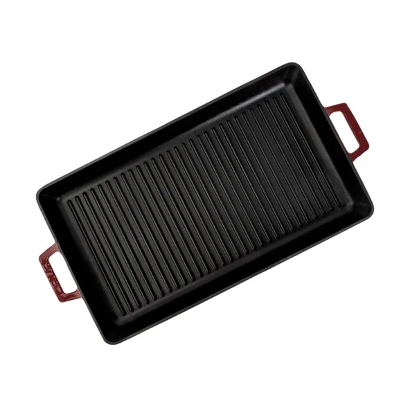 Lava Döküm Dikdörtgen Izgara Tavası Döküm Demir Yekpare Çift Kulplu Ölçü 26x45cm.-Bordo - Resim 3