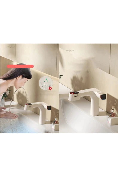 OEM Akıllı Dijital Sıcaklık Led Ekran Banyo Lavabo Bataryası Krem Renk 4 Fonksiyonlu İthal 7 Yıl Garanti - Resim 8