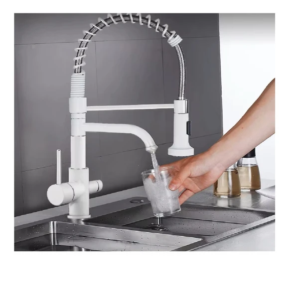 OEM Mutfak Evye Bataryası Dual Flow Su Arıtma Çıkışlı Spiralli Ve Fiskiyeli 7 Yıl Garanti Ithal Beyaz - Resim 4