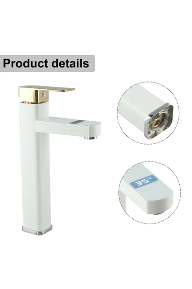OEM Akıllı Dijital Sıcaklık Led Ekran Banyo Çanak Lavabo Bataryası Beyaz Gold İthal 7 Yıl Garantili - 5