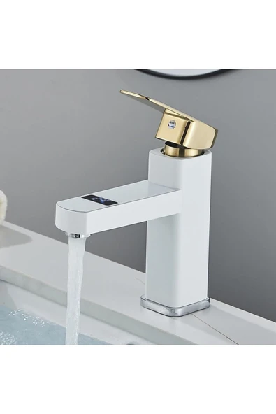 OEM Akıllı Dijital Sıcaklık Led Ekran Banyo Lavabo Bataryası Beyaz Gold İthal 7 Yıl Garantili - 2