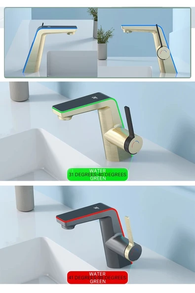 OEM Akıllı Dijital Sıcaklık Led Ekran Banyo Lavabo Bataryası Mat Gold 2 Akış Ayarı İthal 7 Yıl Garanti - Resim 3