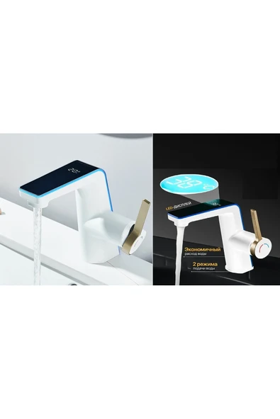 OEM Akıllı Dijital Sıcaklık Led Ekran Banyo Lavabo Bataryası Beyaz Gold 2 Akış Ayarı İthal 7 Yıl Garanti - Resim 5
