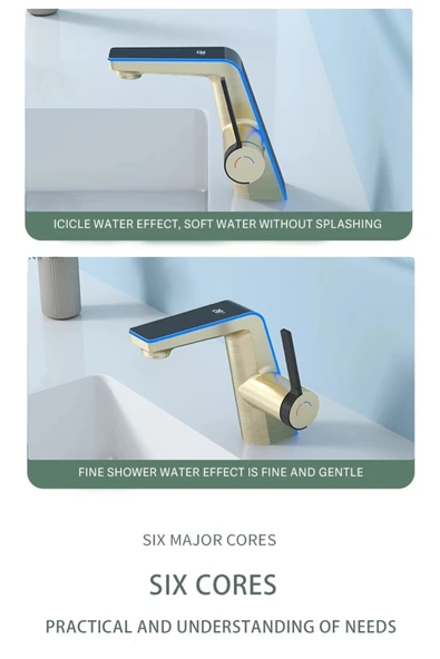 OEM Akıllı Dijital Sıcaklık Led Ekran Banyo Lavabo Bataryası Mat Gold 2 Akış Ayarı İthal 7 Yıl Garanti - Resim 4