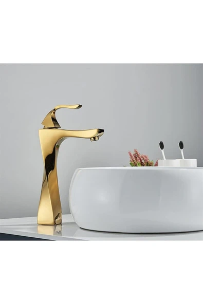 OEM Banyo Çanak Lavabo Bataryası Altın Dore Gold Renk Yeni Kıvrımlı Model 7 Yıl Garantili Ithal - Resim 3