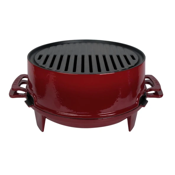 Lava Döküm Yuvarlak Mangal Izgara Set Döküm Demir Yekpare Çift Kulplu Çap (Ø)36cm.-Bordo