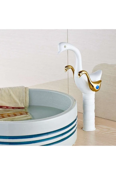 OEM Banyo Çanak Lavabo Bataryası Kuğu Beyaz Gold Yeni Tasarım 7 Yıl Garantili İthal - Resim 2