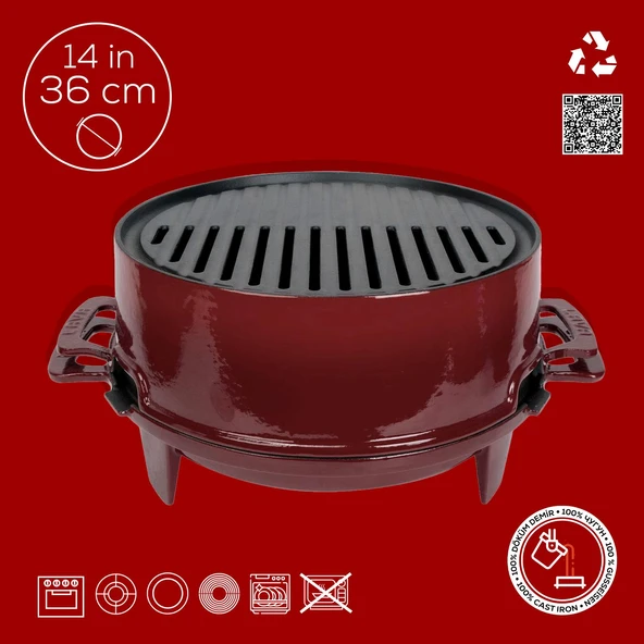 Lava Döküm Yuvarlak Mangal Izgara Set Döküm Demir Yekpare Çift Kulplu Çap (Ø)36cm.-Bordo - 4